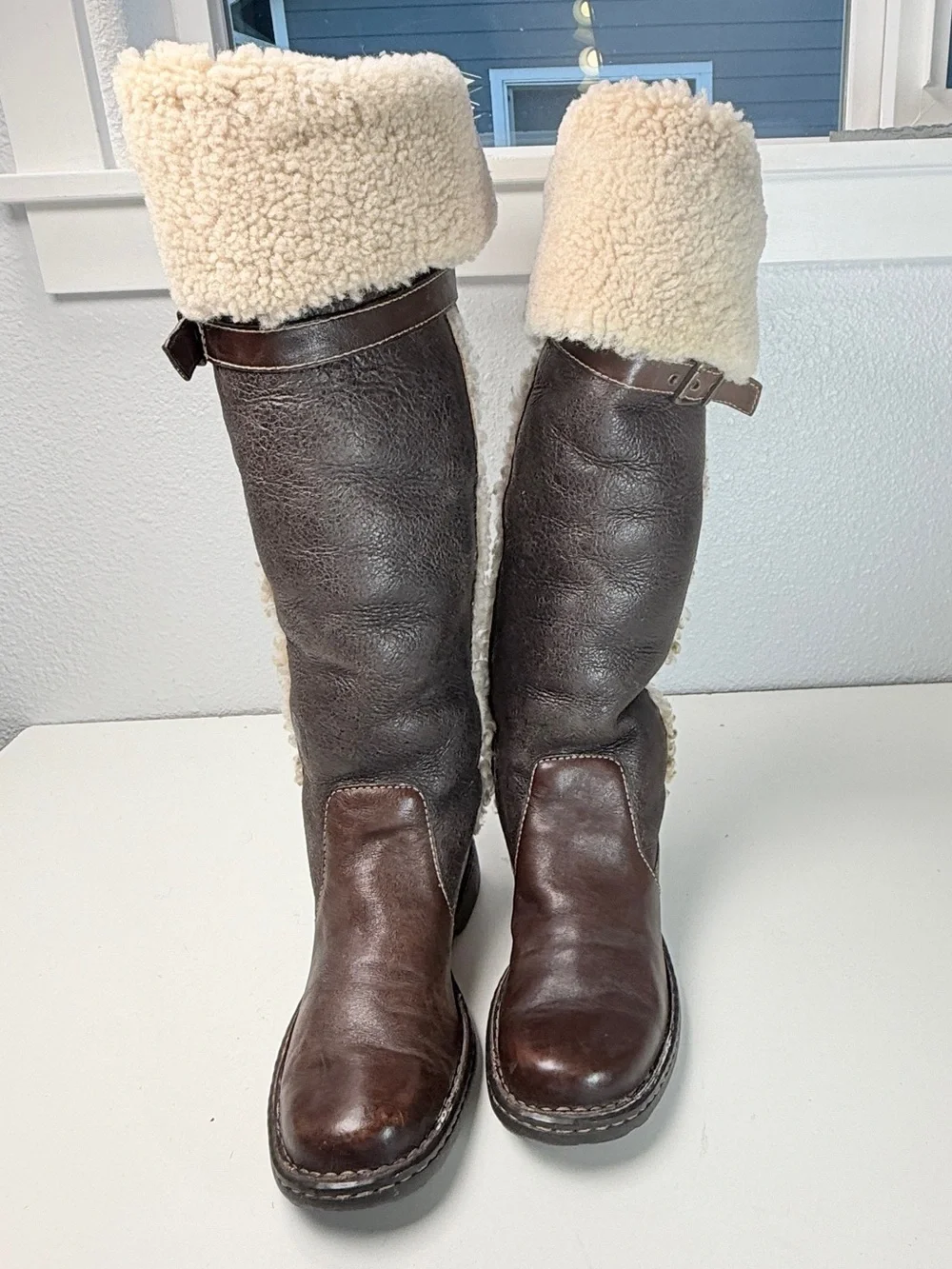 Born Leather Shearling Fold Over Tall Boots Brown Womens Size 8 EU 39